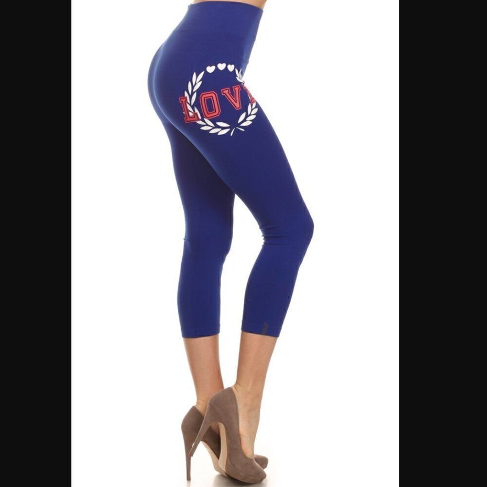NWT Yelete Womens "LOVE" Screen Print Capri Leggings in Royal Blue | OS
